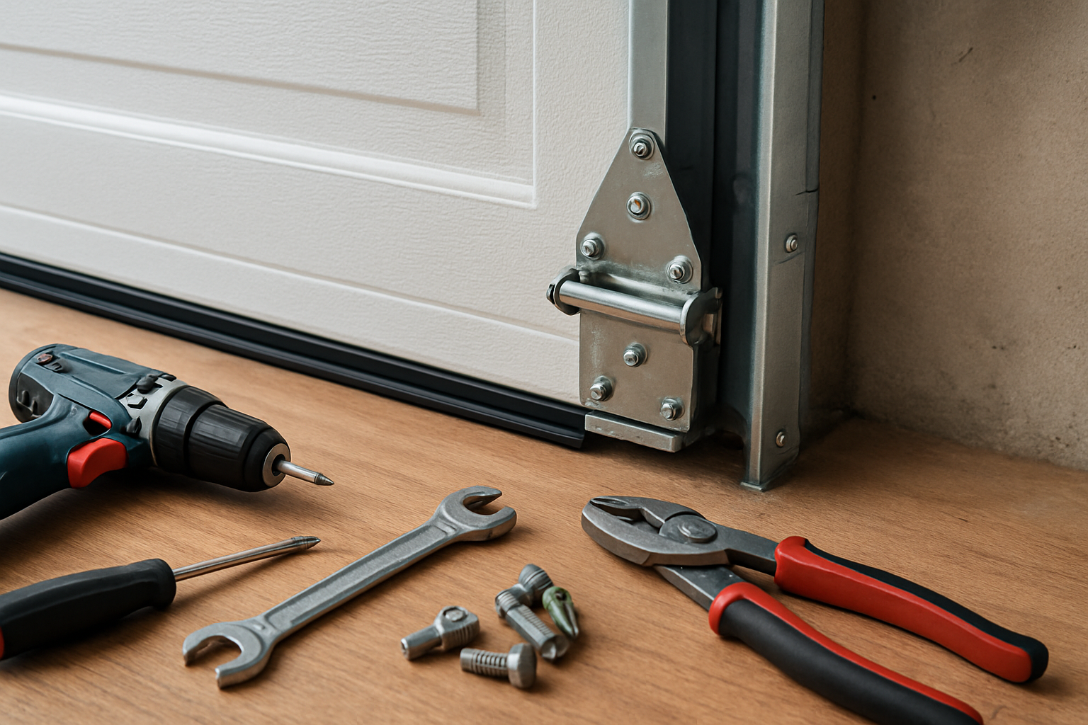 tools for garage door repair placed next to a garage door frame